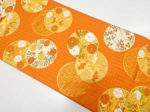 河合美術織物製　金糸　丸に菊・桜・菖蒲模様織り出し　袋帯